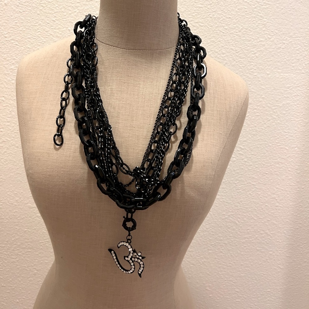 Multiple Black Chain Necklace with Removable Crystal Charm